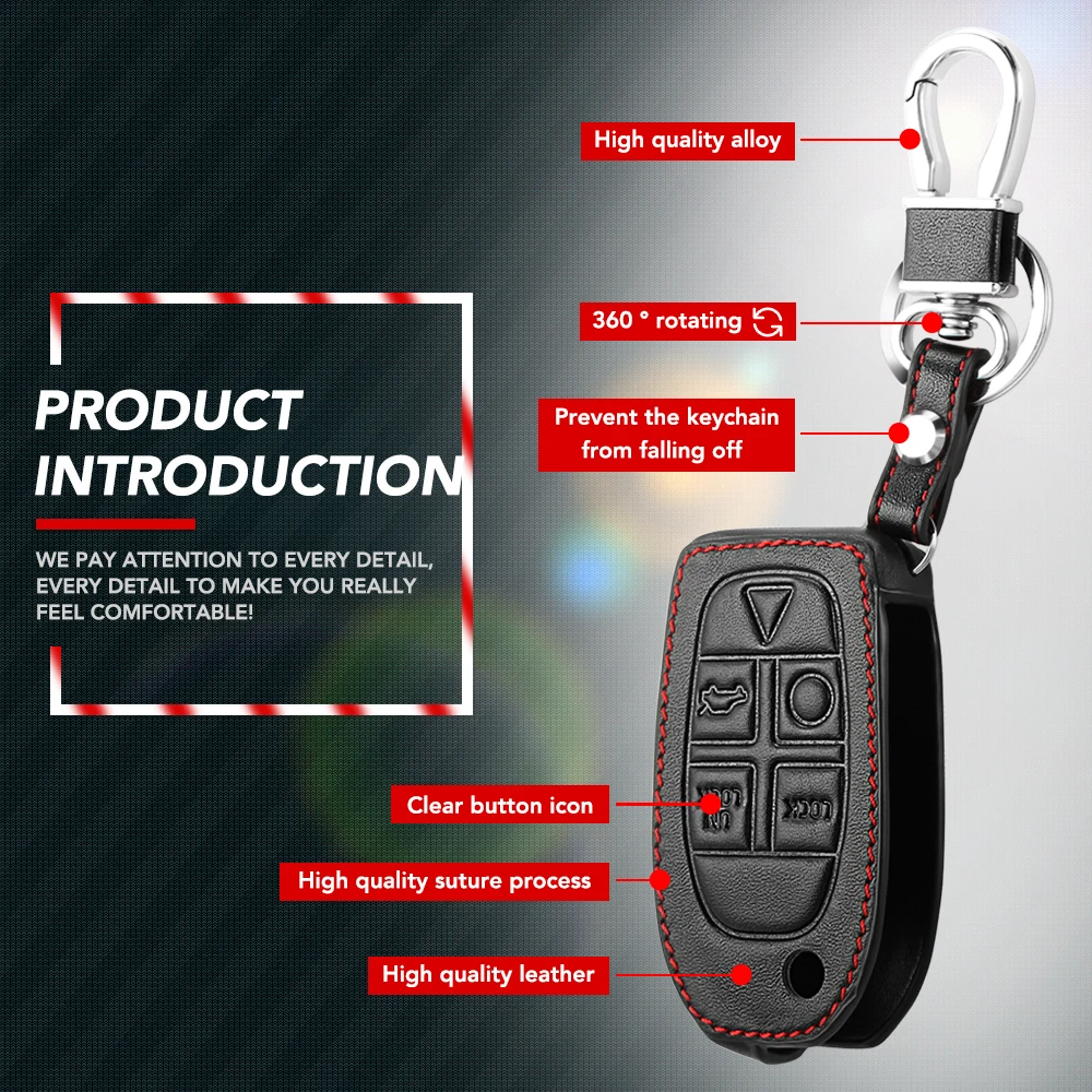 Leather Car Key Case For Volvo S80 S60 V50 V70 XC70 XC90 5 Button Remote Fob