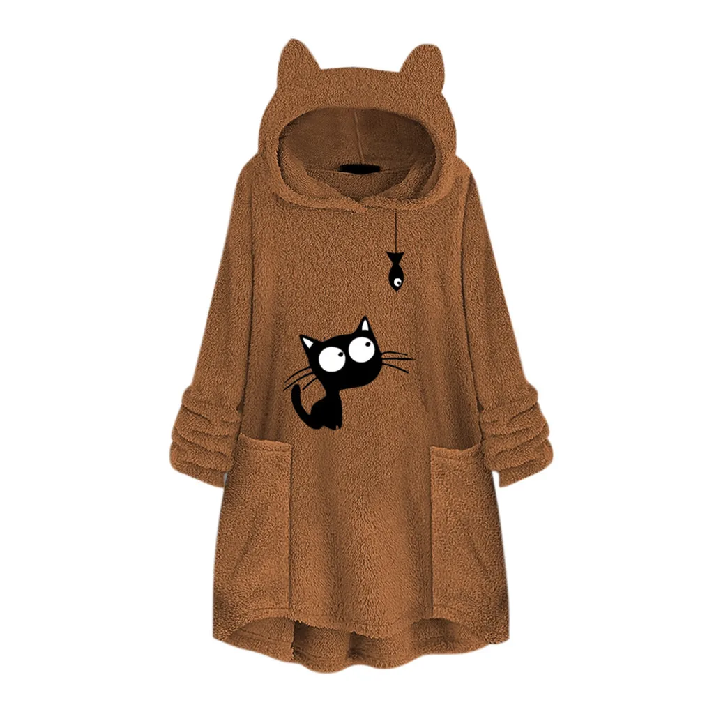 Yellow Kawaii, Зимний пуловер, свитшоты, Женская флисовая вышивка, милый кот, принт, толстовки, сохраняющие тепло, карман, с капюшоном, блузка, куртки - Цвет: Yellow