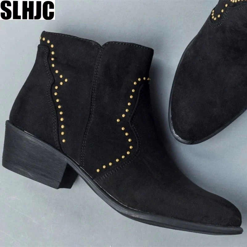 

SLHJC Women Boots Spring Autumn Men Square Heel Pointed Toe Ankle Boots Shoes Plus Size Female Pumps Boto