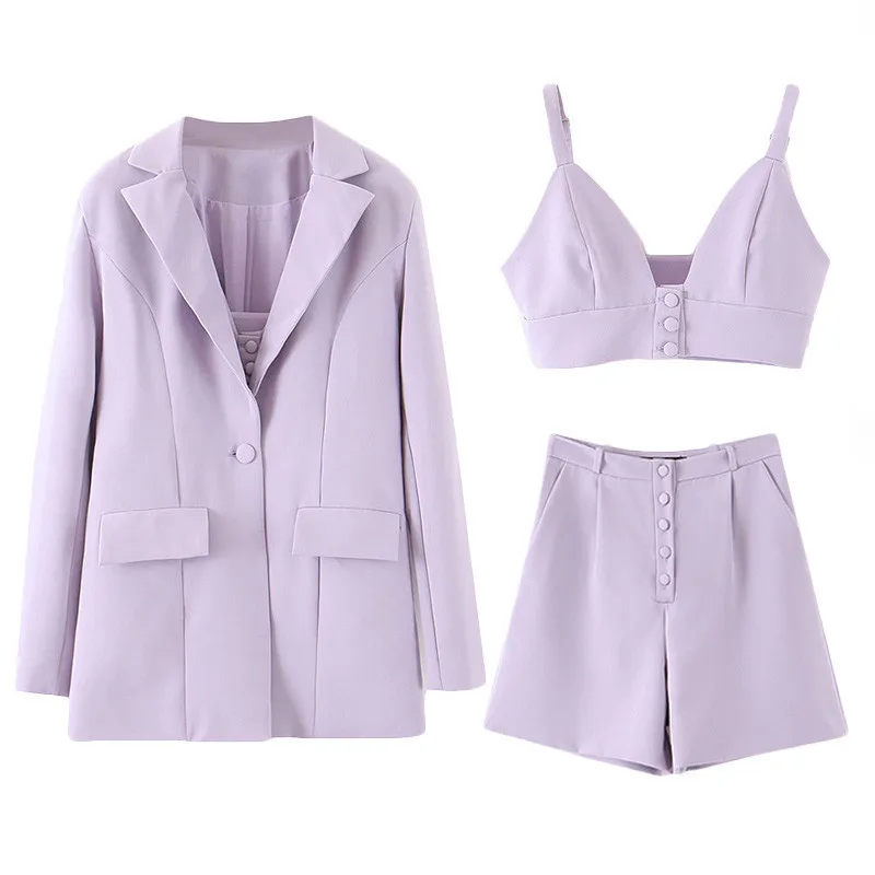 Fashion Three Piece Set Women High Street Solid 3 Piece Set Tops And Shorts Casual Suit Blazer With Sexy Camisole Chic Short