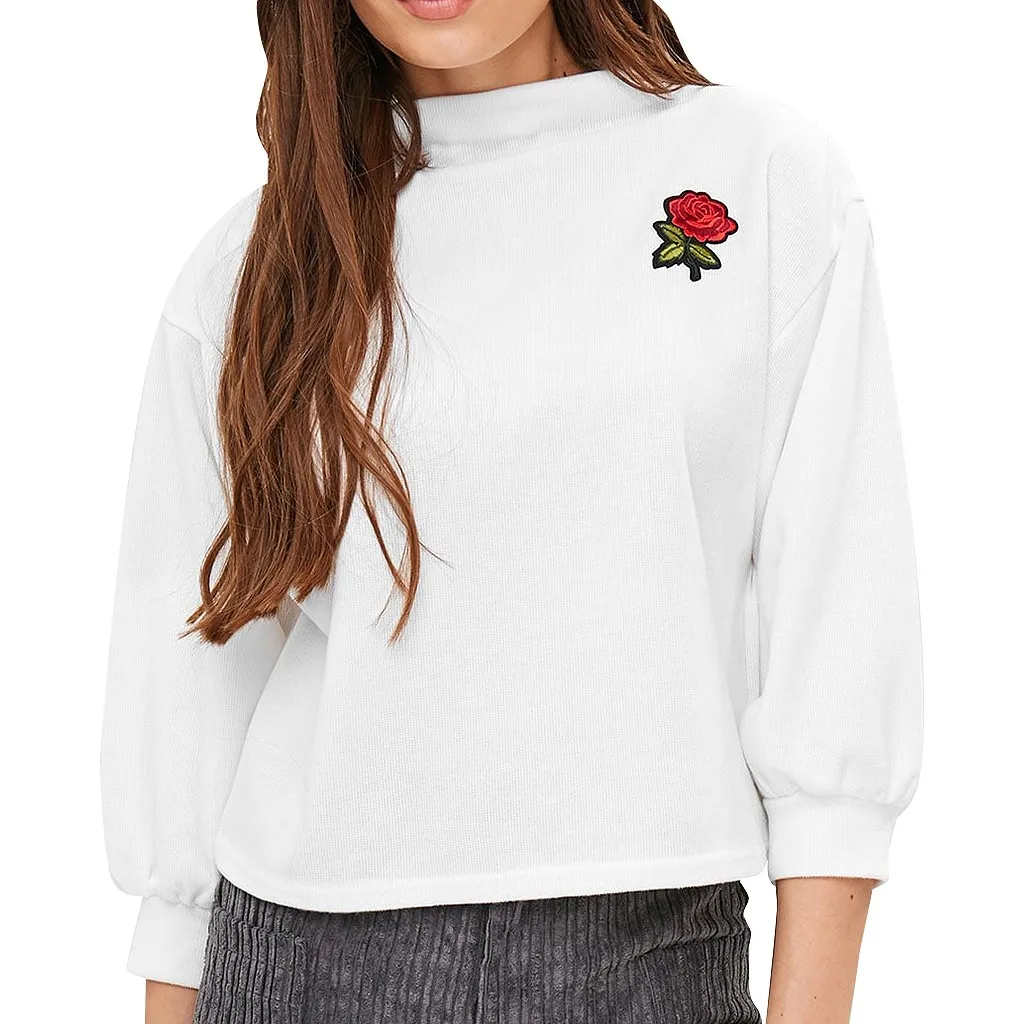 JAYCOSIN Fashion Women Casual Simple Solid Color Flower Embroidery Strappy Loose Hoodie Sweatshirt Comfortable Soft Blouse 