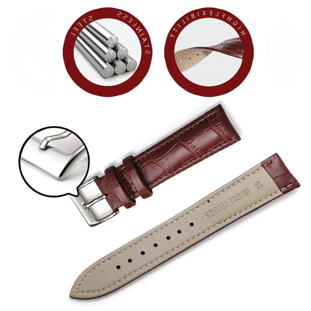 Premium Genuine Leather Watch Strap with Steel Buckle - Includes Tool