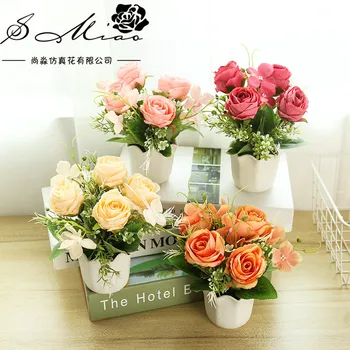 

Home Desktop Decoration Color Simulation Small Slik Rose Bonsai Potted Artificial Ornament Plant Including Flowerpot