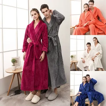 

2020 New Winter Flannel Lovers Robe Gown Elegant Solid Sleepwear Pajamas Nightgown Keep Warm Men And Women Bathrobe Homwear