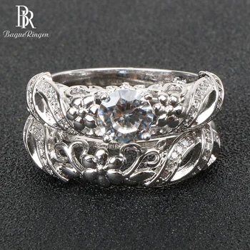 

Bague Ringen Charms Two piece ring set for Women Silver 925 Jewelry Gemstones Trendy Hollow pattern Lovers Ring Anniversary Gift