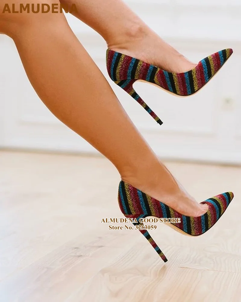 ALMUDENA/разноцветные туфли-лодочки на высоком каблуке, расшитые блестками; яркие модельные туфли в радужную полоску; шикарные туфли-лодочки на шпильке