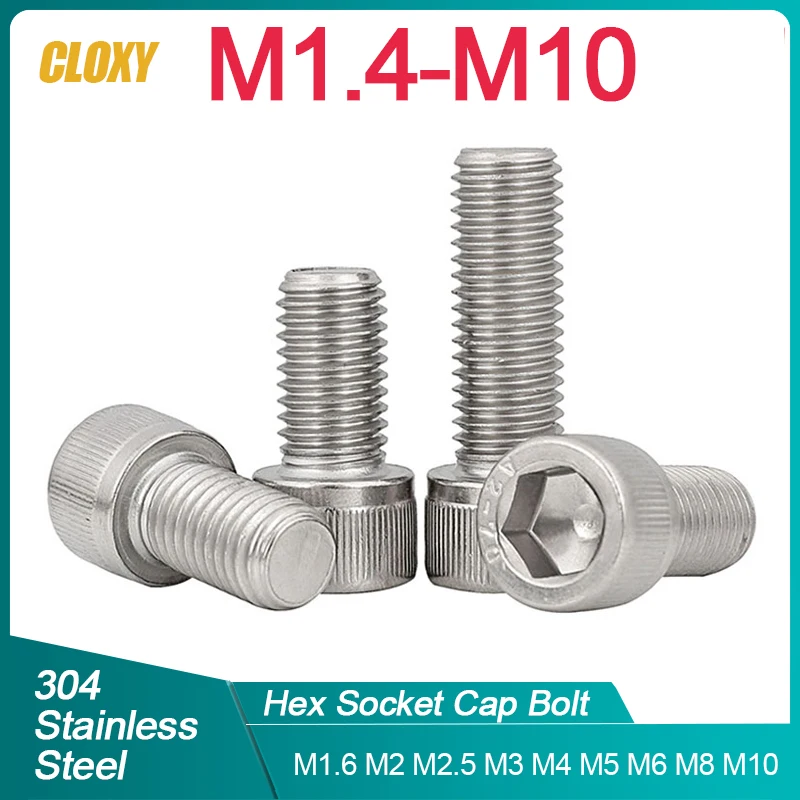 M1.4 M1.6 M2 M2.5 M3 M4 M5 M6 M8 M10 304 Stainless Steel DIN912 Hexagon Hex Socket Head Cap Allen Bolt Screw L=3-80mm