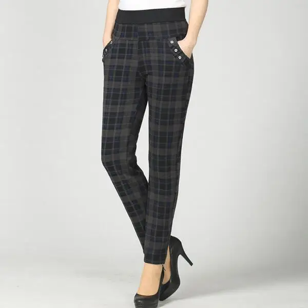 

Large size 2019 Winter Women grid Pants Warm sweat Plus Thick Velvet Pants High Waist Stretch Pencil Pants Female Trousers DC420