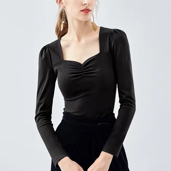 

New women's solid color square neck cotton long-sleeved T-shirt