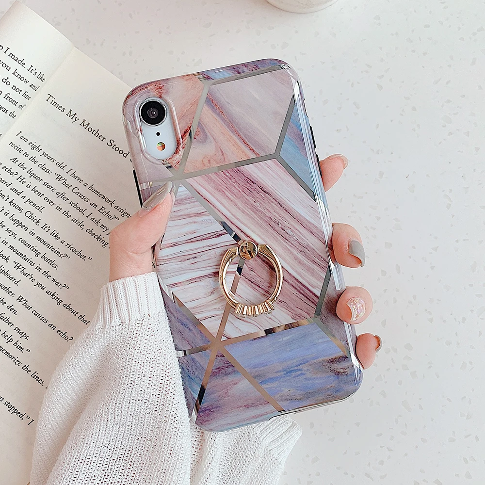 h Чехол для телефона LOVECOM для iPhone 11 Pro XR XS Max 6 6S 7 8 Plus X Мягкая Гальваническая мраморная задняя крышка с кольцом на палец - Цвет: h