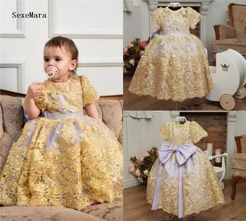 

2019 New Girls' Dresses Gold Lace Applique Baby Infant Toddler Baptism Clothes Lace Tutu Ball Gowns Kids First Birthday Dress