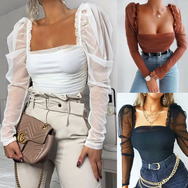 Fashion Women Sexy Lace Shirt Casual Transparent Top Solid Mesh Patchwork Women Elegant Office Puff Sleeve Ruched Blouse Tops Fashion Women Sexy Lace Shirt Casual Transparent Top Solid Mesh Patchwork Women Elegant Office Puff Sleeve Ruched Blouse Tops