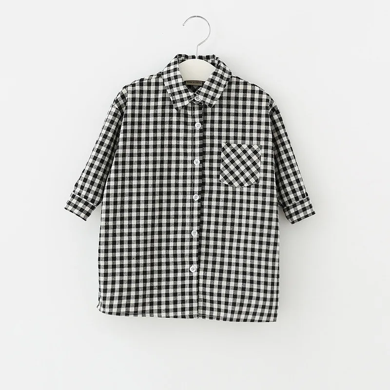 Autumn New Style Girls Black And White Lattices Coat Japanese-style Fold-down Collar Mid-length Tops Fashion Small CHILDREN'S Pu