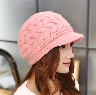 pink Женские вязаные шапки в Корейском стиле на осень и зиму, вязаные Полосатые Шляпы, Шапки с кроличьим мехом, толстые двухслойные теплые наушники - Цвет: pink