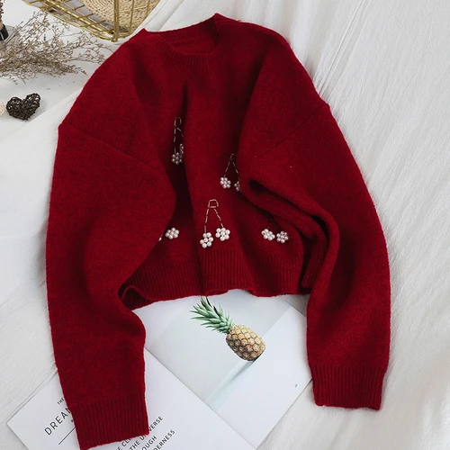 Burgundy Neploe корейский дизайн с бисером Pull Femme Hiver толстый теплый пуловер с круглым вырезом и длинными рукавами свитер сплошной Свободный вязаный Sueter Winter48246 - Цвет: Burgundy