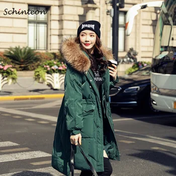 

Schinteon New Down Jacket with Real Fur Winter Warm Long Outwear 100% Real Racoon Fur Hood Loose Coat Korean Style