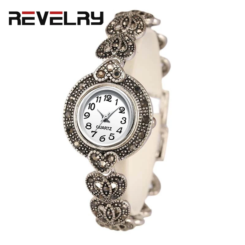 Новинка, Роскошные Кварцевые часы, женские модные античные серебряные женские часы, яркие черные Кристальные часы с винтажным браслетом - Цвет: Белый