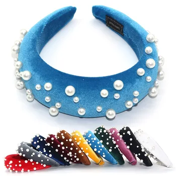 

Sale Pearl Headband Crown Sponge Thick Pearl Stone Velvet Hairbands Handmade Women Head Hoop for Girls