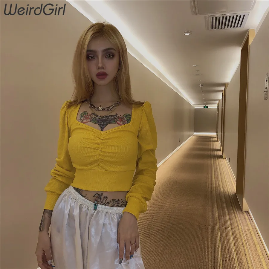 Weirdgirl толстовки Осенние женские длинные рукава v-образные свитшоты Harajuku твердый короткий модный топ тонкие эластичные броские пуловеры