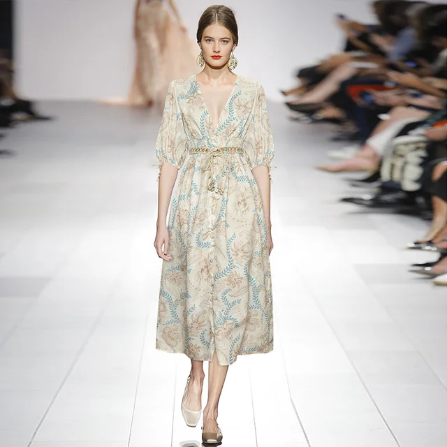 $US $83.99 Gedivoen Fashion Runway Summer Dress Women Deep V Neck Printed Blouses Style A Line Dress Vintage Female Midi Dresses