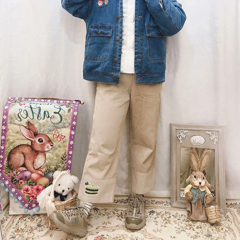 Японский стиль Kawaii широкие брюки женские весенние милые Мультяшные свободные