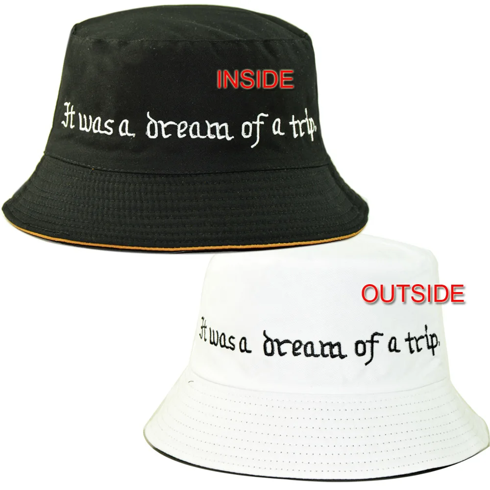 Двусторонняя шляпа-ведро для женщин, хлопковая шляпа с вышивкой смайлика, двухсторонняя Панама, Весенняя Осенняя крутая шляпа для мужчин - Цвет: dream trip black