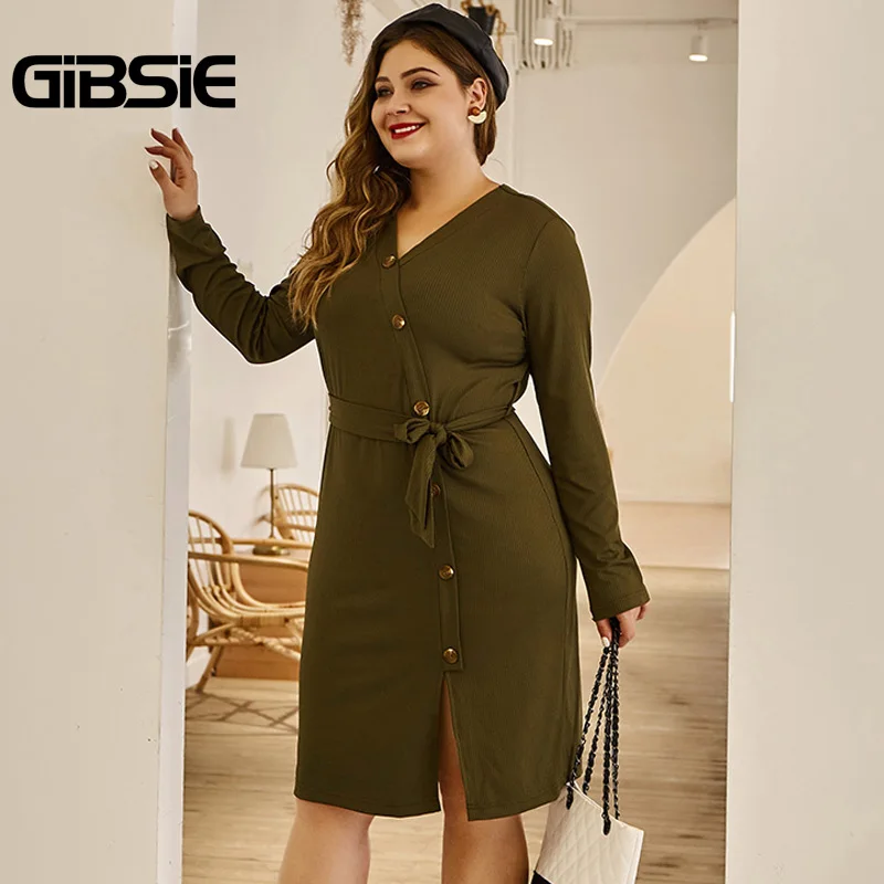 Женское облегающее платье с поясом GIBSIE офисное трикотажное миди v образным