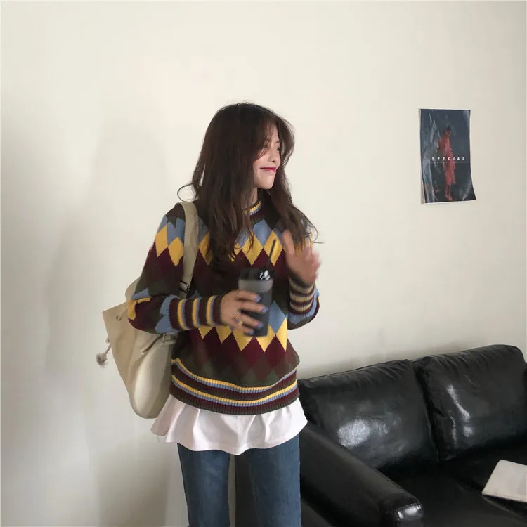 Geometric Sweater Women Thicken Knitted Winter Jumper Turtleneck Korean Harajuku Pullovers Casual Clothes Warm Loose V730