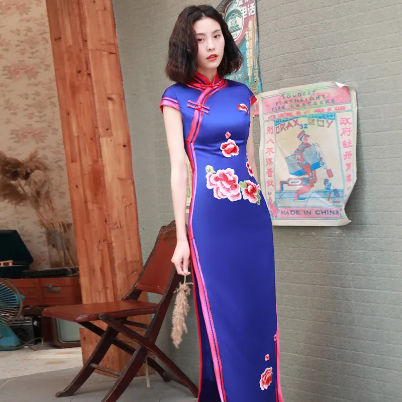 Синяя вышивка цветочный элегантный сценический показ ручной работы Кнопка Сельма традиционное китайское Ципао женское платье винтажное