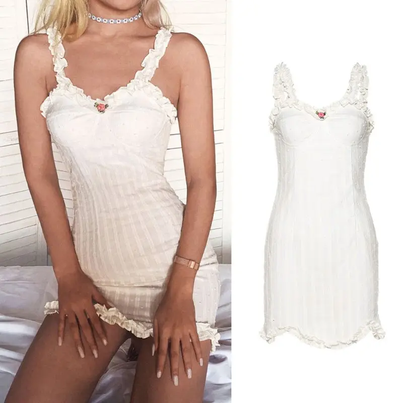 Женское летнее мини-платье без рукавов с оборками и Белое Облегающее Платье в