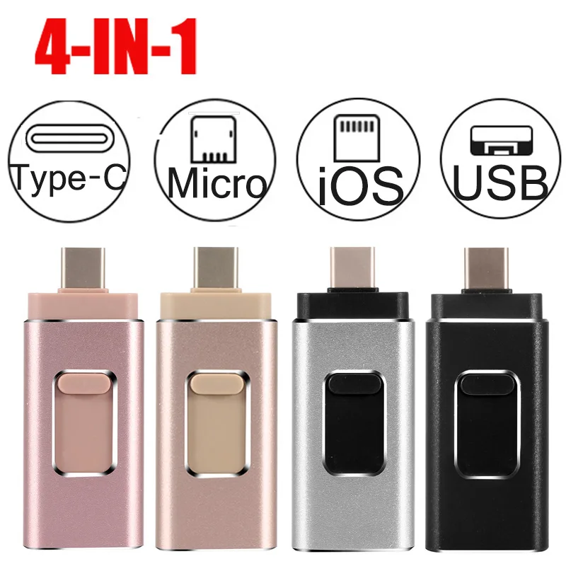 USB флэш-накопитель 4 в 1 type-c/IOS/Micro USB/USB 3,0 для iPhone Металл 64 ГБ 32 ГБ 128 ГБ 256 ГБ флеш-накопитель