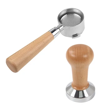 

1 Pcs Coffee Bottomless Portafilter Basket Coffee Accessories 1 Pcs Coffee Tamper Wooden Handle Grinder 51Mm