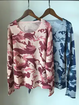 

New camouflage print Knitted Sweater Women 2020 Spring Summer 100% linen O-neck pullover top long sleeve thin knitwear