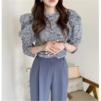 

RUGOD 2020 New Arrivals Women Summer Blouse Shirt Chic Color Blocking Floral Print Puff Sleeved Retro Blusas Sweet Gril Tuni