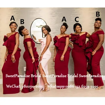 

Dark Red Satin Bridesmaid Dresses Ruffles Mermaid 2020 Long Off Shoulder African Women Wedding Guest Dress Party Gown