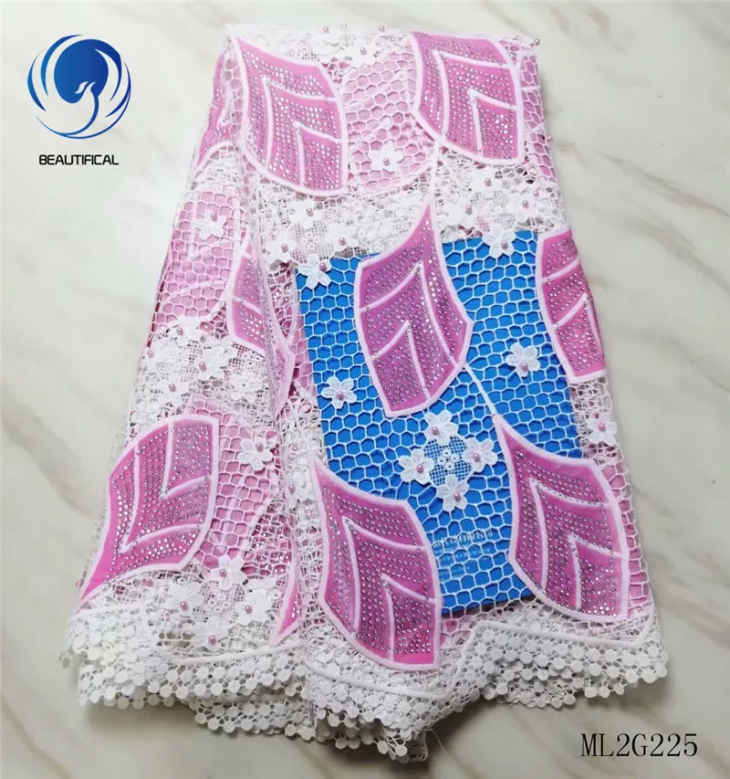 

BEAUTIFICAL african lace fabrics New design nigerian guipure cord lace mix Flannel fabrics with beads and stones 5yards ML2G225