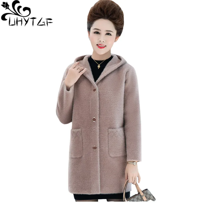 

UHYTGF Quality Double-Sided Woolen Women's Jacket Mid-Length Mink Fleece Autumn Winter Wool Coat Hooded Big Size Outerwear 1360
