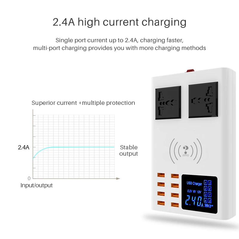 8 портов Беспроводное зарядное устройство светодиодный цифровой дисплей USB зарядное устройство для Android iPhone адаптер для телефона быстрое зарядное устройство для xiaomi huawei samsung