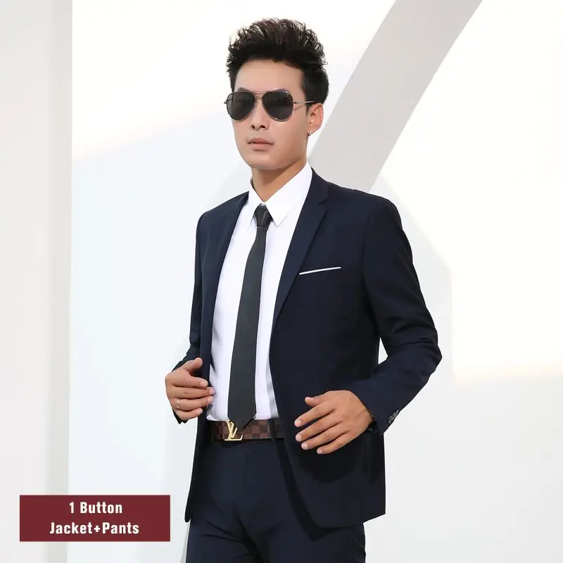 Navy Blue 1 Shenrun Men Suits Slim Business Formal Casual Classic Suit Wedding Groom Party Prom Single Breasted Color Black Gray Navy Blue - Цвет: Navy Blue 1