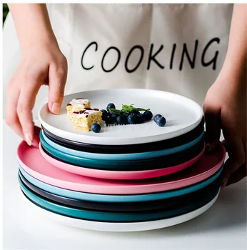 

10PCS/Set 8/10 inch Household Ceramic Pizza Tray Breakfast Dish Dinner Plate Glaze Tableware Cake Steak Dessert Round Dish Plate