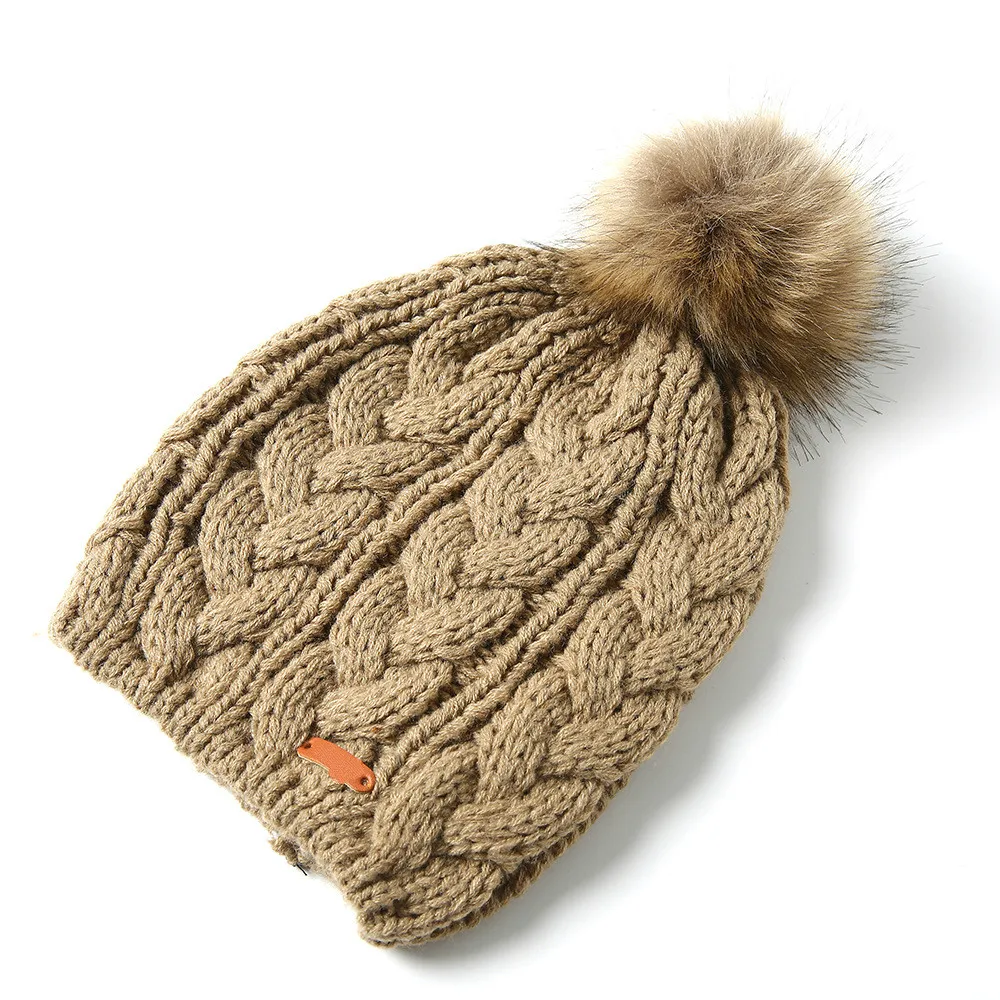 Бежевый Шапки унисекс Skullies, осенние и зимние шапки из меха енота, вязаные шапки с большим ворсом, Повседневные шапки с помпоном для мужчин и женщин, теплые шапки для улицы - Цвет: Бежевый