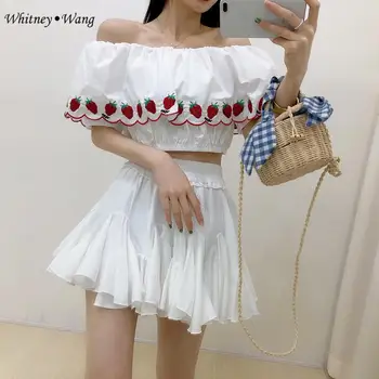 

WHITNEY WANG Blouses 2020 Summer Fashion Streetwear Sexy Slash neck Strawberry Embroidery Top Blouse Women Blusas Lady Shirt