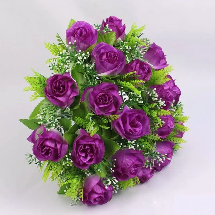 Элегантные Сатиновые розы/украшение на свадьбу букет моделирование зеленые листья фиолетовые Свадебные букеты - Цвет: C