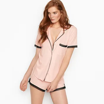 

Short-Sleeved Pajamas Summer Leisure Simple Nightwear Set V Neck Cotton Sleepwear solid color Breathable Soft High Quality