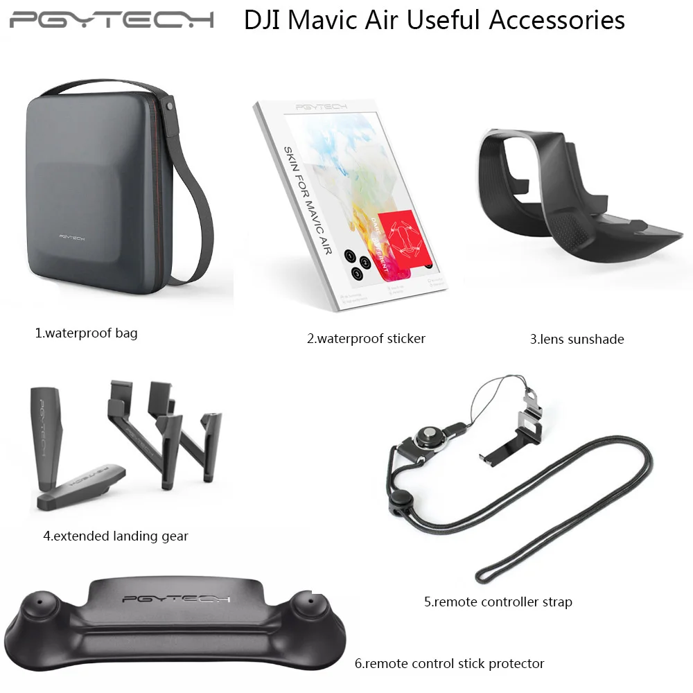 

Multiple Types Optional PGYTECH DJI Mavic air useful accessories extended landing gear waterproof bag sticker lens hood strap