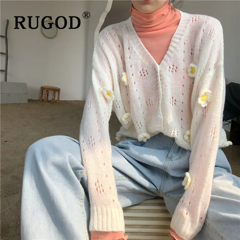 RUGOD, новинка, осень, шикарный женский свитер, кардиганы, v-образный вырез, аппликация, цветочный узор, однобортный, полый, Вязанное пальто, модное, женское, милое