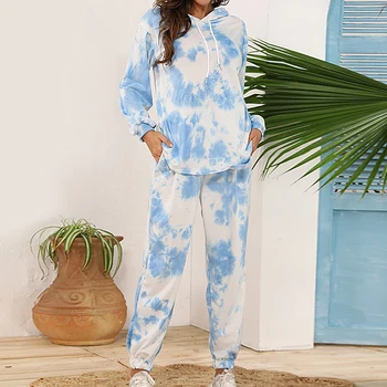 

New Tie Dye Printed Women Pajamas Set Hooded Long Sleeve Tops and Long pants pijamas feminino Nightwear Casual Sleepwear 2020