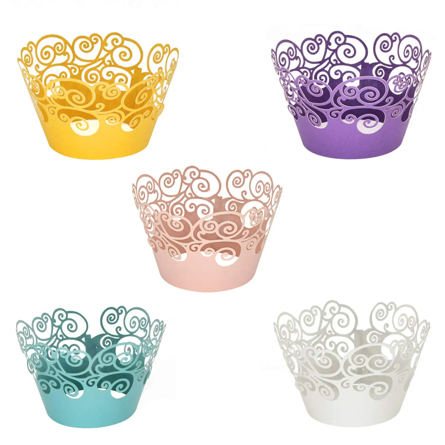 

METABLE 100 Pack in 5 Colors Filigree Artistic Bake Cake Paper Cup Little Vine Laser Cut Liner Baking Cups Holder for Wedding