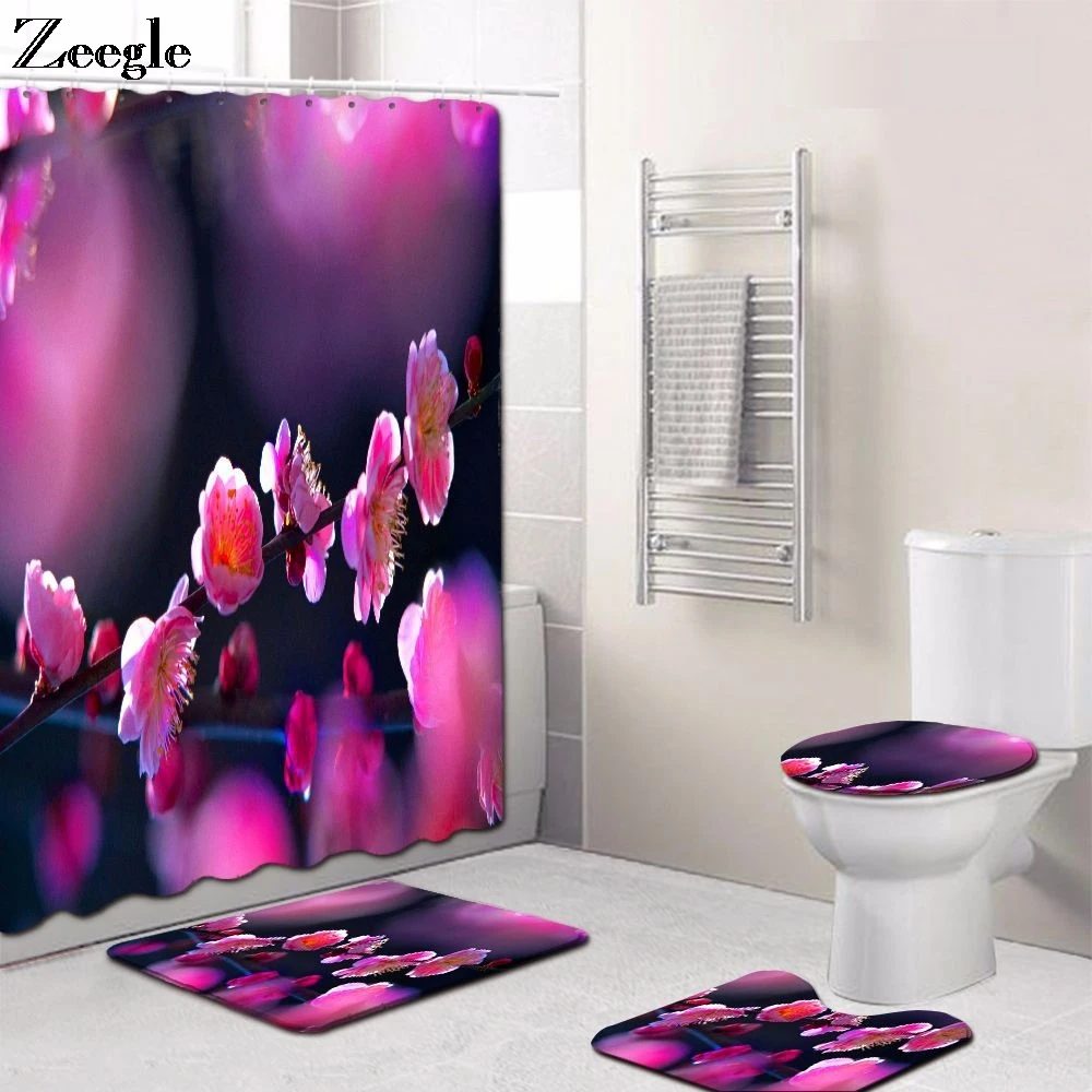 Zeegle Flower Bath Shower Curtain Bathroom Decoration Mat Set Lid Toilet Cover Polyester Toilet Foot Mat 3D Printed Toilet Set