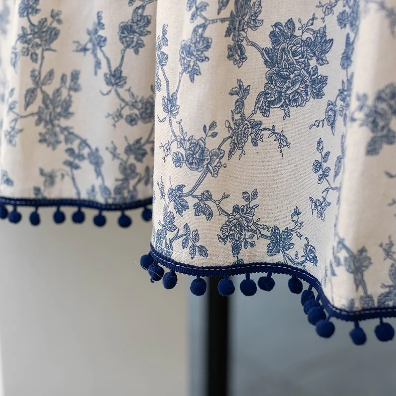 Rod Pocket Processing Small Curtain with Hair Ball Vintage Blue Floral Print Short Door curtain Kitchen Half-curtain for Cabinet